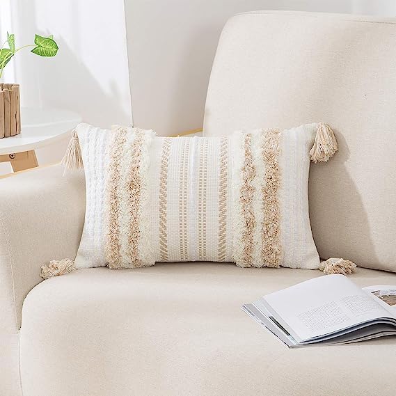 decorUhome Summer Decorative Boho Throw Pillow Covers 18x18 Set of 2, Accent Neutral Textured Tufted Pillow Covers Striped for Couch Bed Sofa Living Room, Khaki and Cream White