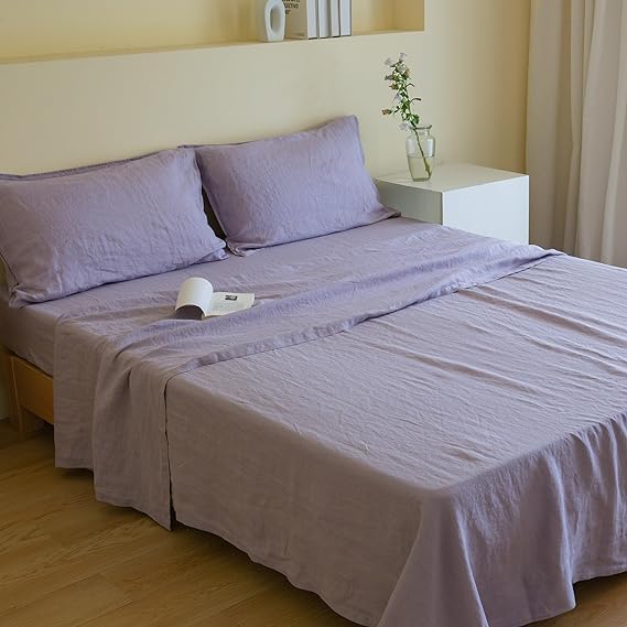Simple&Opulence 100% Linen Sheets Queen Size Set, 4 Pcs Natural French Linen Bed Sheets, Breathable Soft Durable Bedding Set for All Season (Classic Blue, Queen)