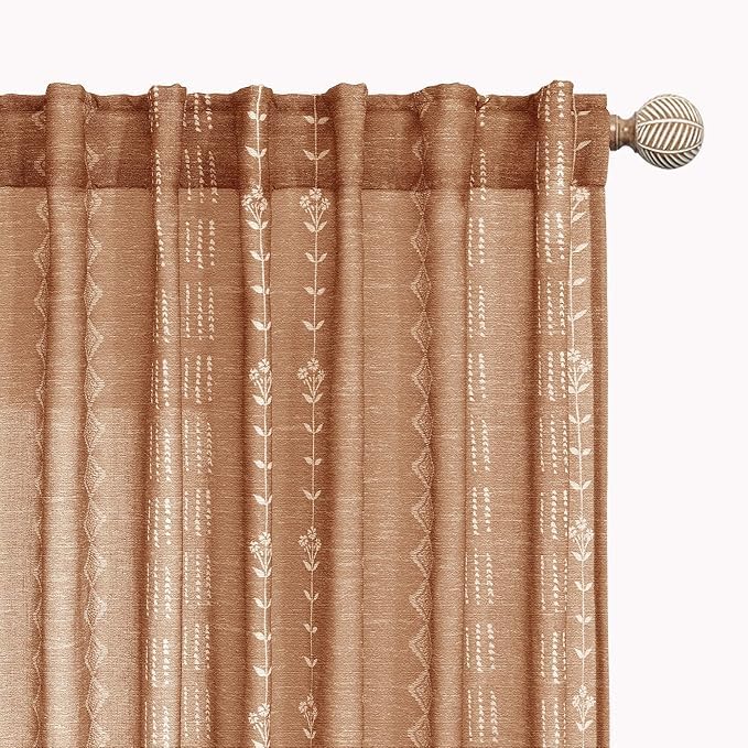 Linen Farmhouse Curtains for Living Room, Neutral Taupe Cream Light Filtering Boho Sheer Floral Patterned Curtains for Dining Room Bedroom 84 Inch Length 2 Panels Set