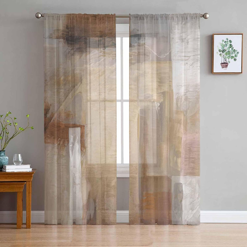 Oil Modern Paintings Abstract Sheer Curtains 84 Inch Length 2 Panels Set, Geometric Artwork Grey and Brown Semi Transparent Voile Rod Pocket Curtains for Living Dining Room Bedroom Drapes