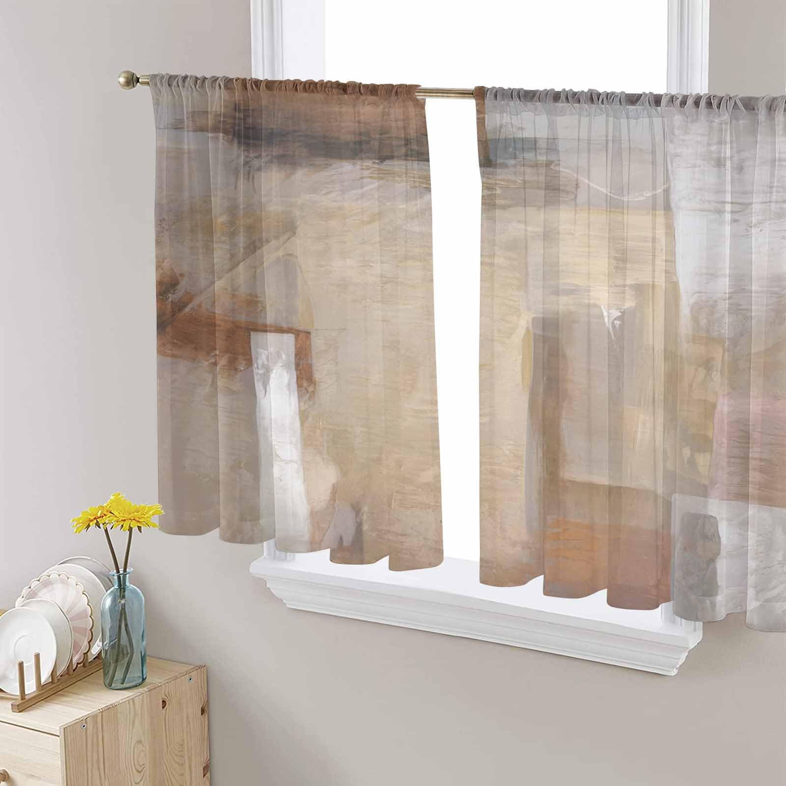Oil Modern Paintings Abstract Sheer Curtains 84 Inch Length 2 Panels Set, Geometric Artwork Grey and Brown Semi Transparent Voile Rod Pocket Curtains for Living Dining Room Bedroom Drapes