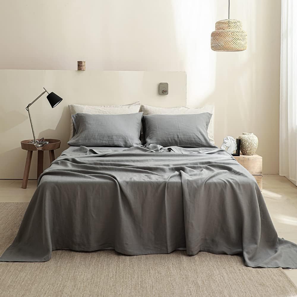 Simple&Opulence 100% Linen Sheets Queen Size Set, 4 Pcs Natural French Linen Bed Sheets, Breathable Soft Durable Bedding Set for All Season (Classic Blue, Queen)
