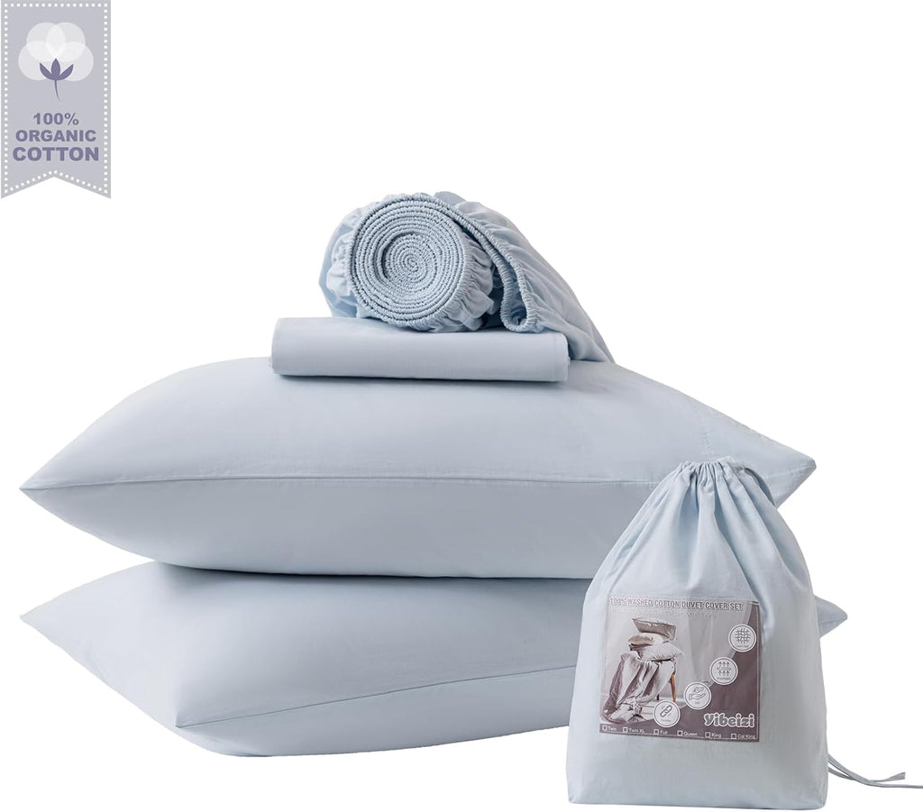 Yibeizi Light Blue 100% Washed Cotton Linen Feel Sheet Set Queen Size, 4 Pieces Deep Pocket Bed Sheets Soft Breathable Hotel Bedsheets