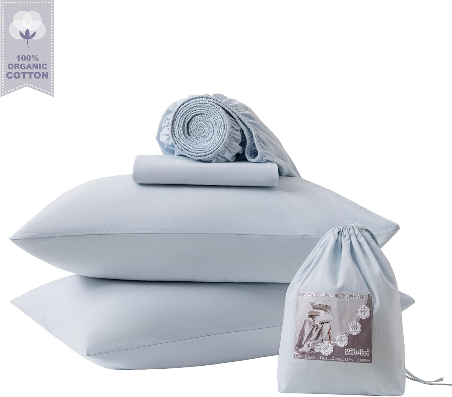 Yibeizi Light Blue 100% Washed Cotton Linen Feel Sheet Set Queen Size, 4 Pieces Deep Pocket Bed Sheets Soft Breathable Hotel Bedsheets