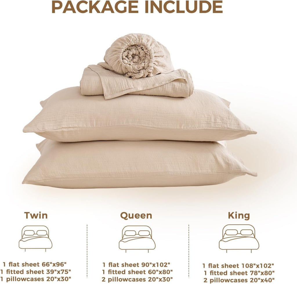 LUTBM King Sheet Set 100% Cotton Bed Sheets Gauze 4 Pcs Muslin Linen Sheets Set 16" Deep Pocket Sheet & Pillowcase Sets Breathable Boho King Soft Bedding Sets for All Season