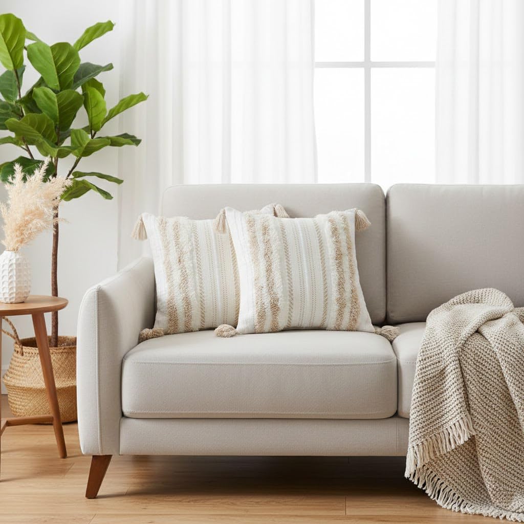 decorUhome Summer Decorative Boho Throw Pillow Covers 18x18 Set of 2, Accent Neutral Textured Tufted Pillow Covers Striped for Couch Bed Sofa Living Room, Khaki and Cream White