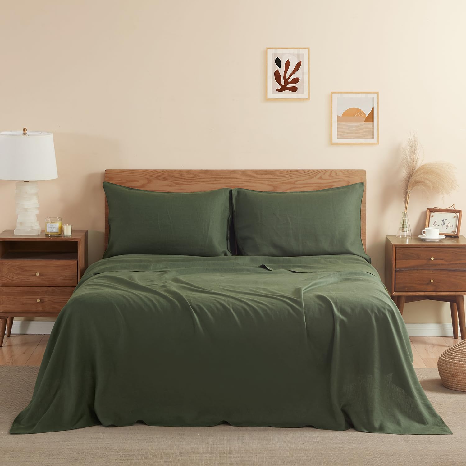 DAPU Pure Linen Sheets Set, 100% French Linen from Normandy, Breathable and Durable for Hot Sleepers, 4 Pcs Queen Size Sheets Set - 1 Flat Sheet, 1 Fitted Sheet, 2 Pillowcases (Natural Linen, Queen)