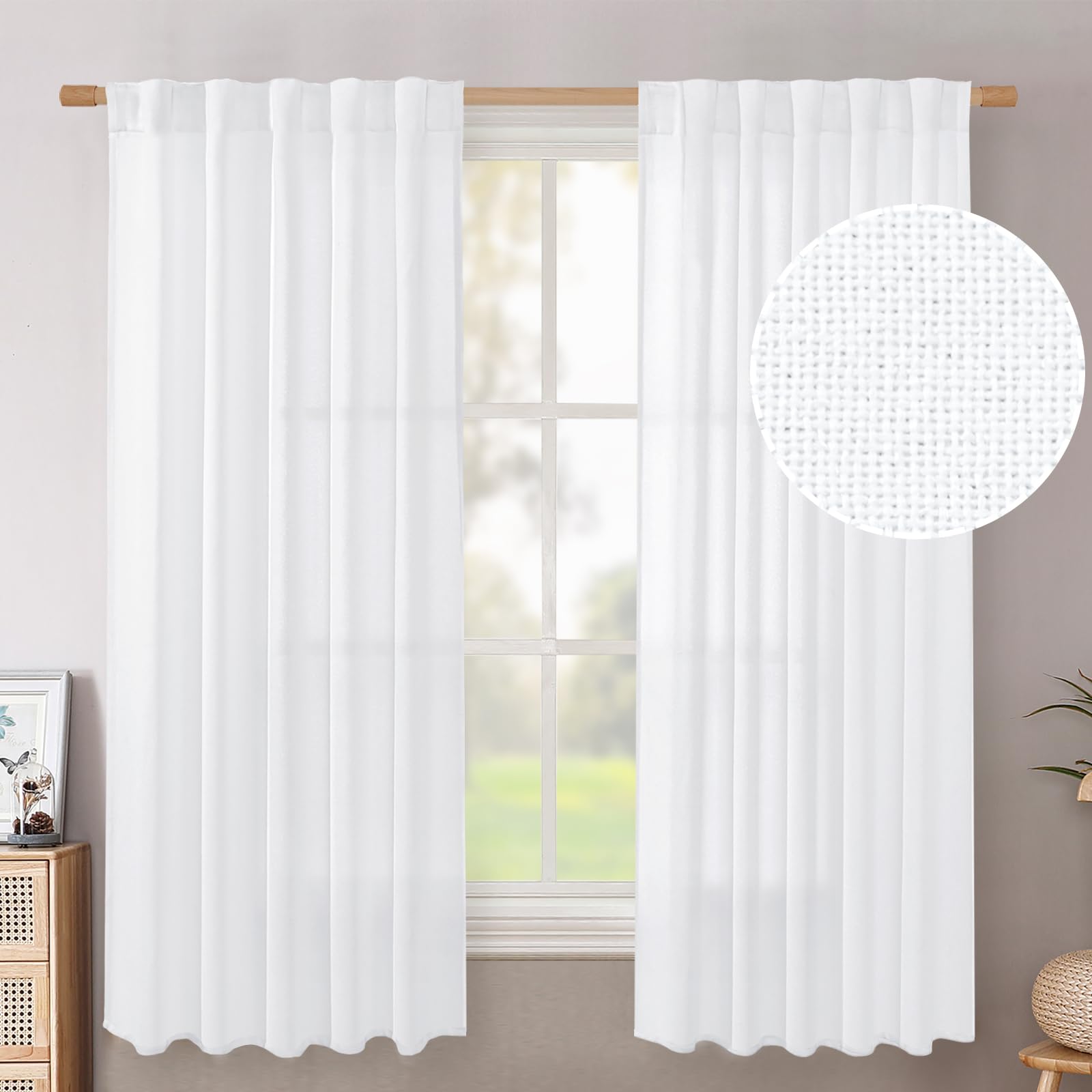 BGment Natural Linen Semi Sheer Curtains 96 Inch Length 2 Panels for Living Room, Beige Light Filtering Window Drapes with Rod Pocket Back Tab Extre Long for Dining Bedroom, 52 X 96 Inch
