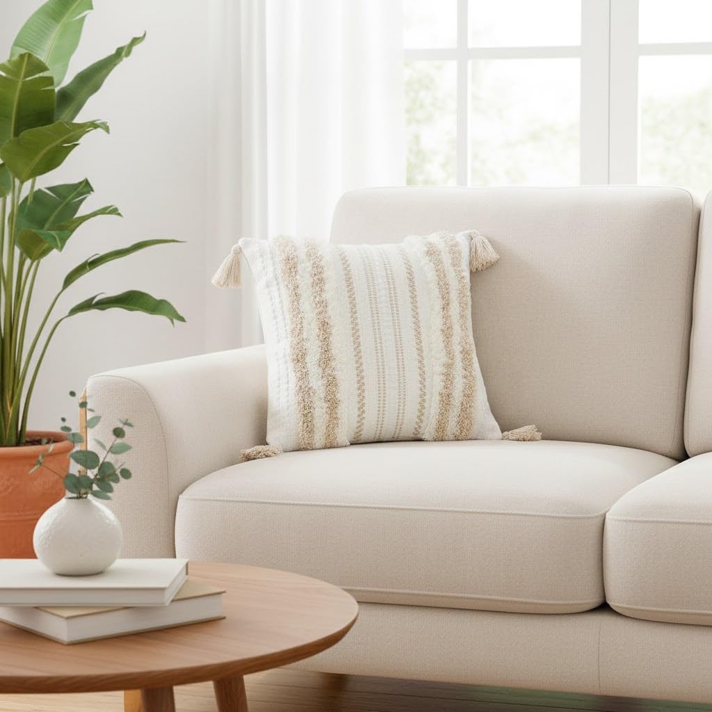 decorUhome Summer Decorative Boho Throw Pillow Covers 18x18 Set of 2, Accent Neutral Textured Tufted Pillow Covers Striped for Couch Bed Sofa Living Room, Khaki and Cream White