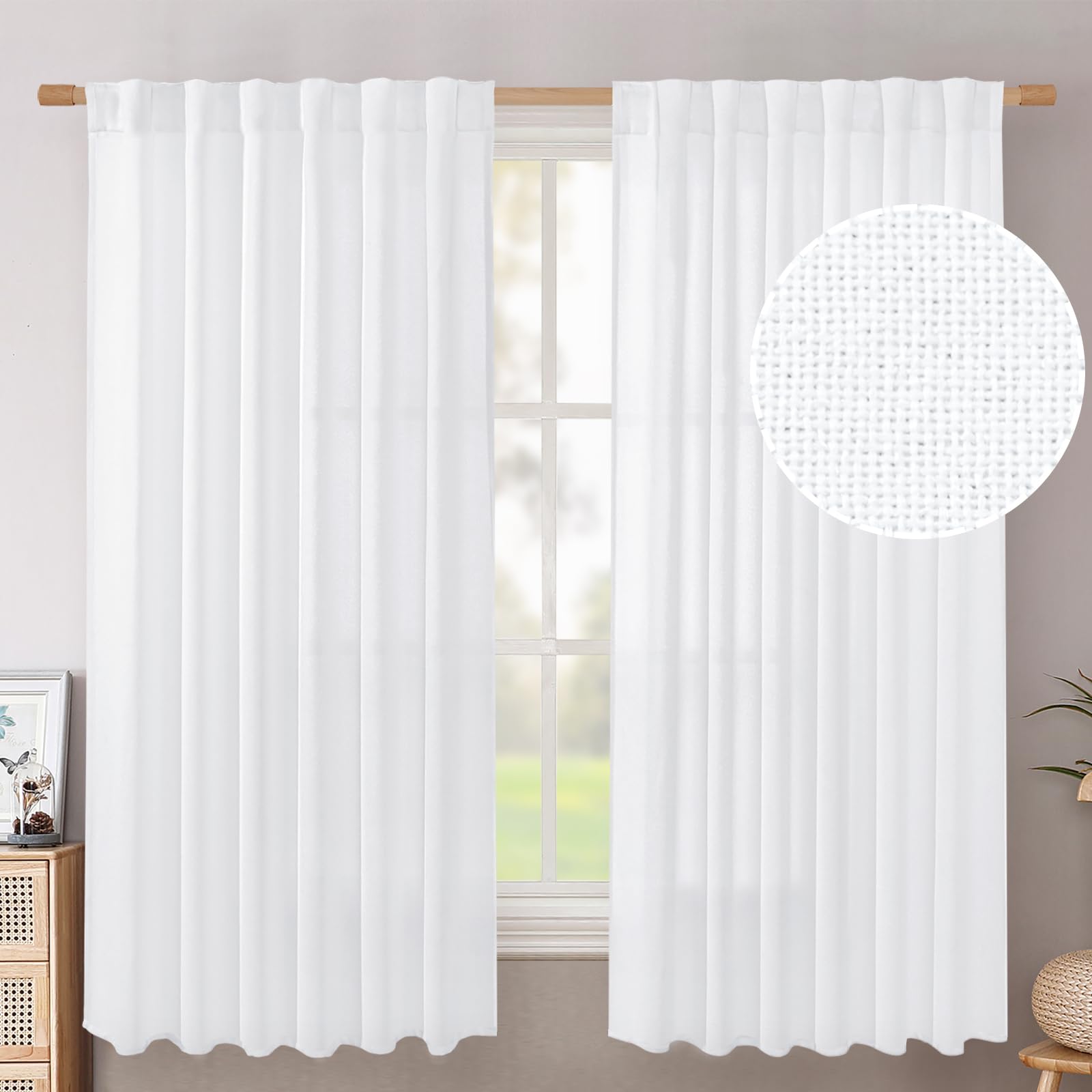 BGment Natural Linen Semi Sheer Curtains 96 Inch Length 2 Panels for Living Room, Beige Light Filtering Window Drapes with Rod Pocket Back Tab Extre Long for Dining Bedroom, 52 X 96 Inch