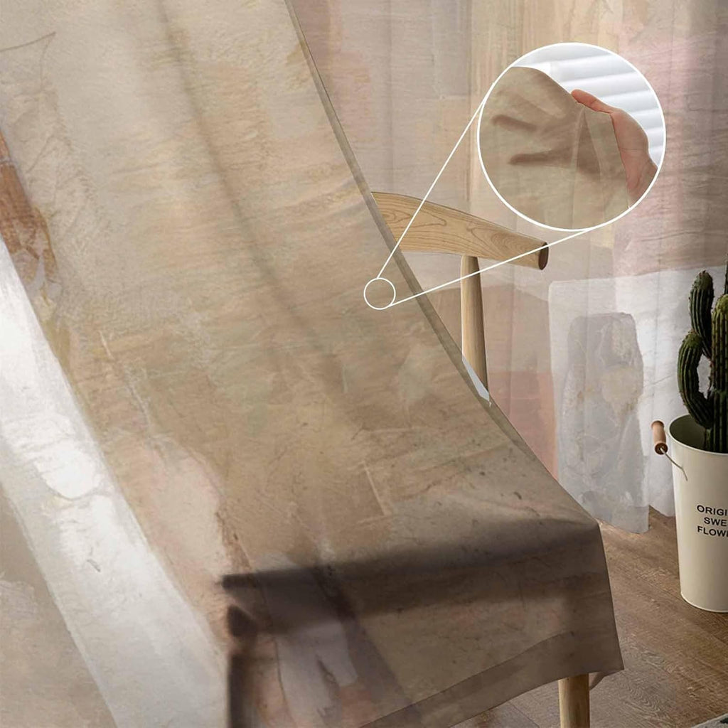 Oil Modern Paintings Abstract Sheer Curtains 84 Inch Length 2 Panels Set, Geometric Artwork Grey and Brown Semi Transparent Voile Rod Pocket Curtains for Living Dining Room Bedroom Drapes