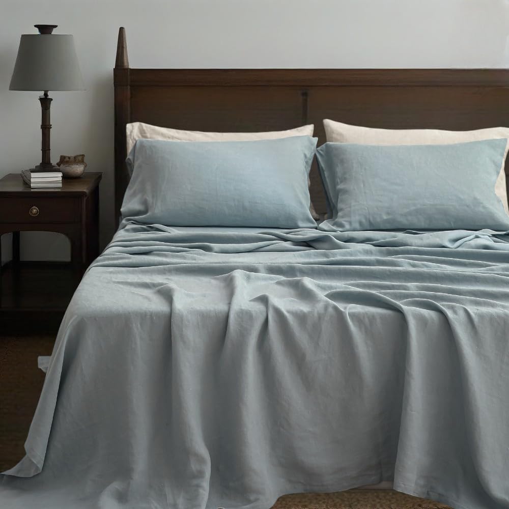 Simple&Opulence 100% Linen Sheets Queen Size Set, 4 Pcs Natural French Linen Bed Sheets, Breathable Soft Durable Bedding Set for All Season (Classic Blue, Queen)