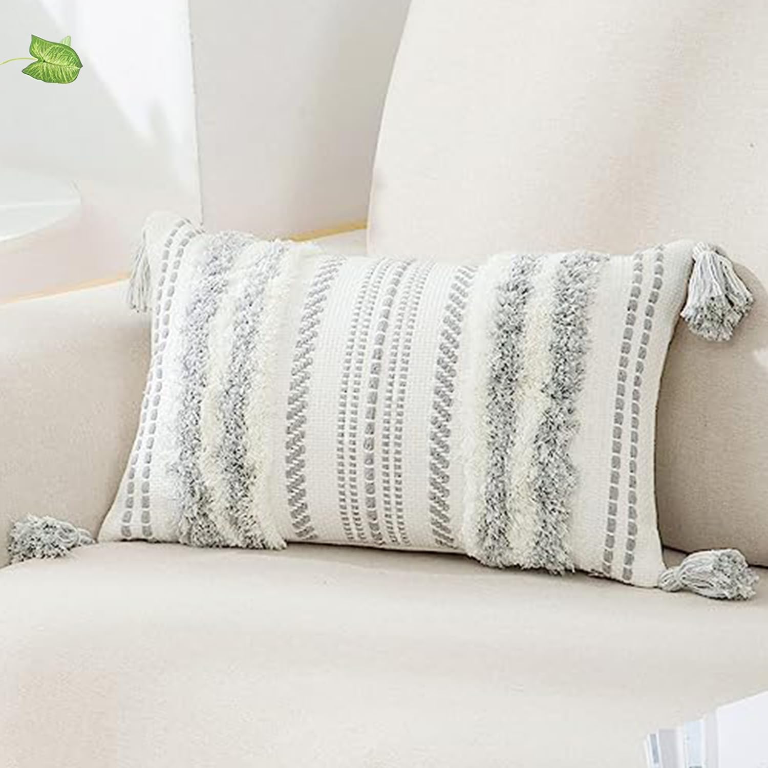 decorUhome Summer Decorative Boho Throw Pillow Covers 18x18 Set of 2, Accent Neutral Textured Tufted Pillow Covers Striped for Couch Bed Sofa Living Room, Khaki and Cream White