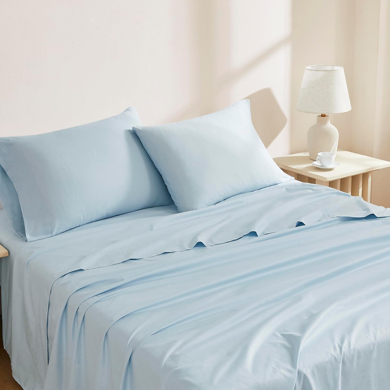 Linen Closet 100% Organic Cotton Queen Sheets Set, 4 Pieces, Light Blue - Percale Bed Sheets & Pillowcases Set - Up To 16" Deep Pocket Fitted Sheet - Cooling, Crisp & Breathable - For Hot Sleepers
