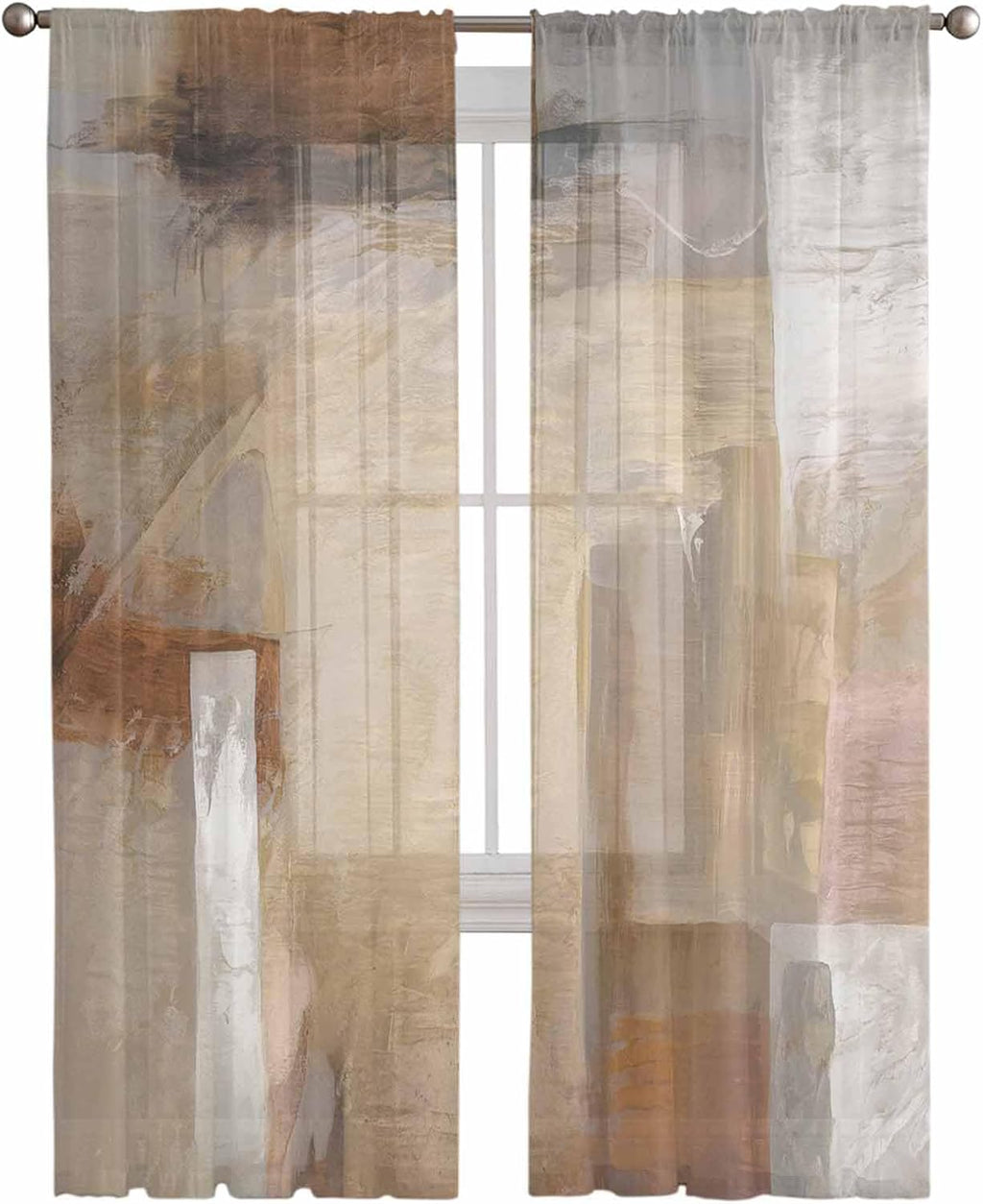 Oil Modern Paintings Abstract Sheer Curtains 84 Inch Length 2 Panels Set, Geometric Artwork Grey and Brown Semi Transparent Voile Rod Pocket Curtains for Living Dining Room Bedroom Drapes