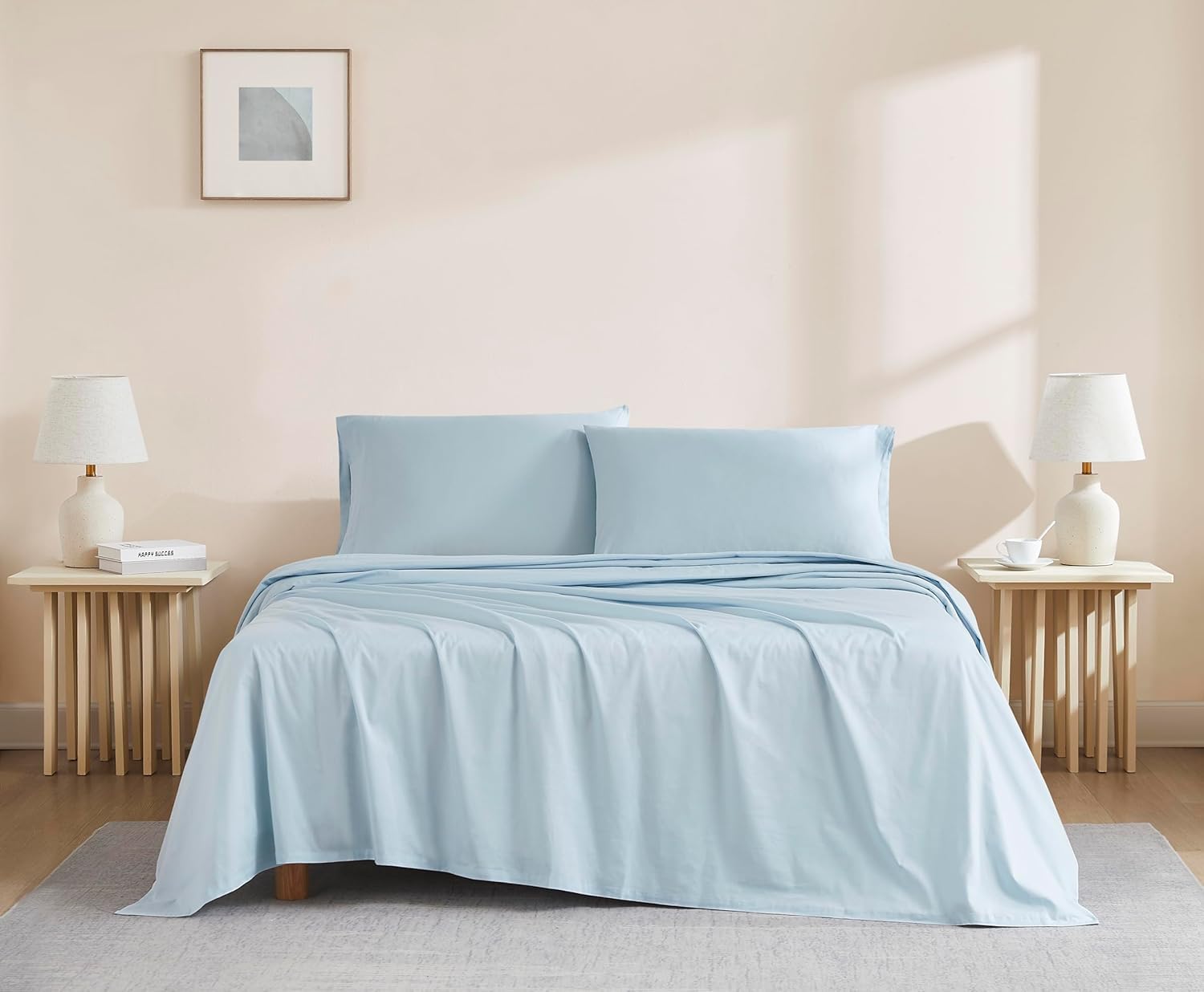 Linen Closet 100% Organic Cotton Queen Sheets Set, 4 Pieces, Light Blue - Percale Bed Sheets & Pillowcases Set - Up To 16" Deep Pocket Fitted Sheet - Cooling, Crisp & Breathable - For Hot Sleepers