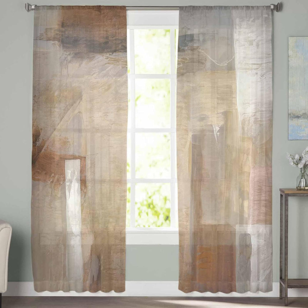 Oil Modern Paintings Abstract Sheer Curtains 84 Inch Length 2 Panels Set, Geometric Artwork Grey and Brown Semi Transparent Voile Rod Pocket Curtains for Living Dining Room Bedroom Drapes