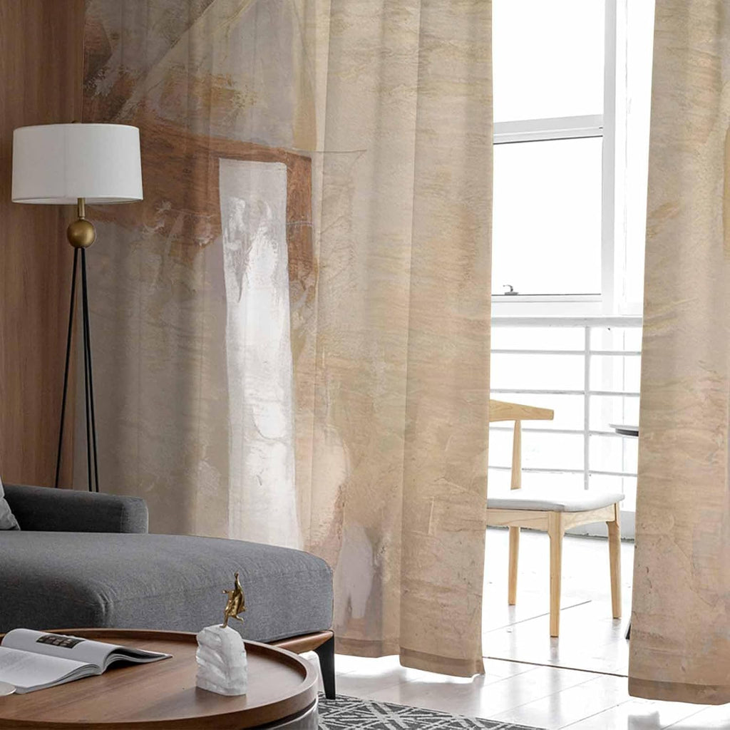 Oil Modern Paintings Abstract Sheer Curtains 84 Inch Length 2 Panels Set, Geometric Artwork Grey and Brown Semi Transparent Voile Rod Pocket Curtains for Living Dining Room Bedroom Drapes