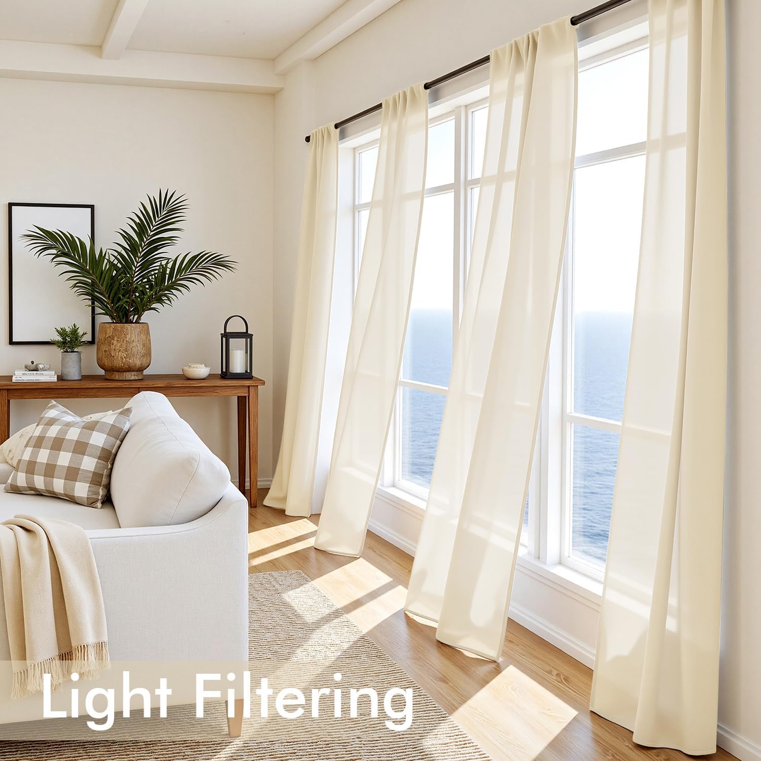 MIULEE Butter Cream Sheer Curtains 96 Inches Long, 4 Panels Set, Rod Pocket Voile Drapes Light Filtering and Semi Transparent, Elegant Window Treatments for Bedroom Living Room,42 x 96 Inches