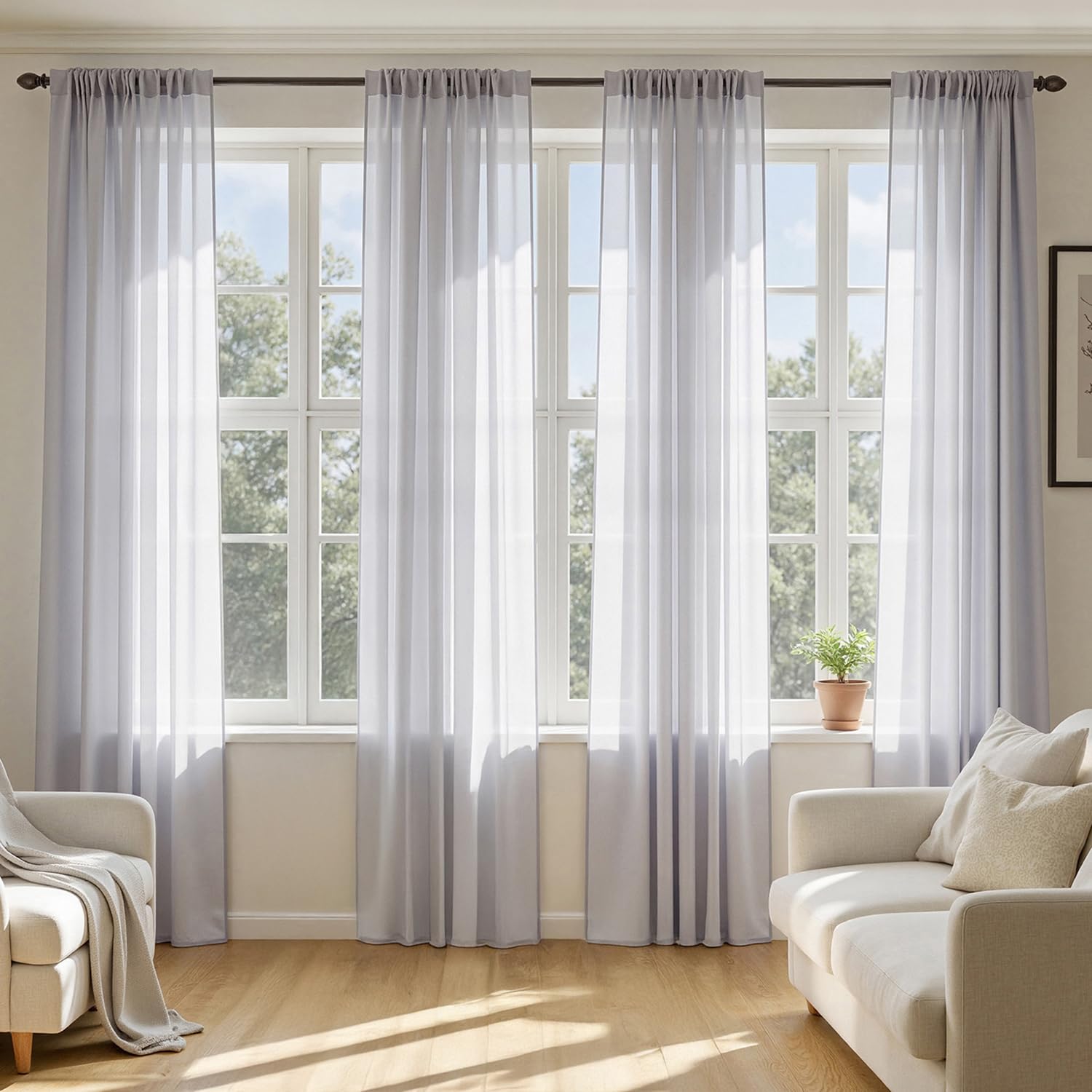 MIULEE Butter Cream Sheer Curtains 96 Inches Long, 4 Panels Set, Rod Pocket Voile Drapes Light Filtering and Semi Transparent, Elegant Window Treatments for Bedroom Living Room,42 x 96 Inches