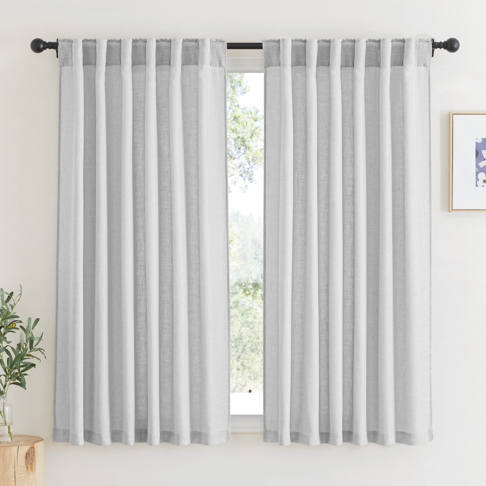 RYB HOME Linen Sheer Curtains and Drapes for Living Room 108 inches Length, Breathable Back Tab/Rod Pocket Semi Sheer Curtains, Oatmeal, W 52 x L 108 inches, 2 Panels Set