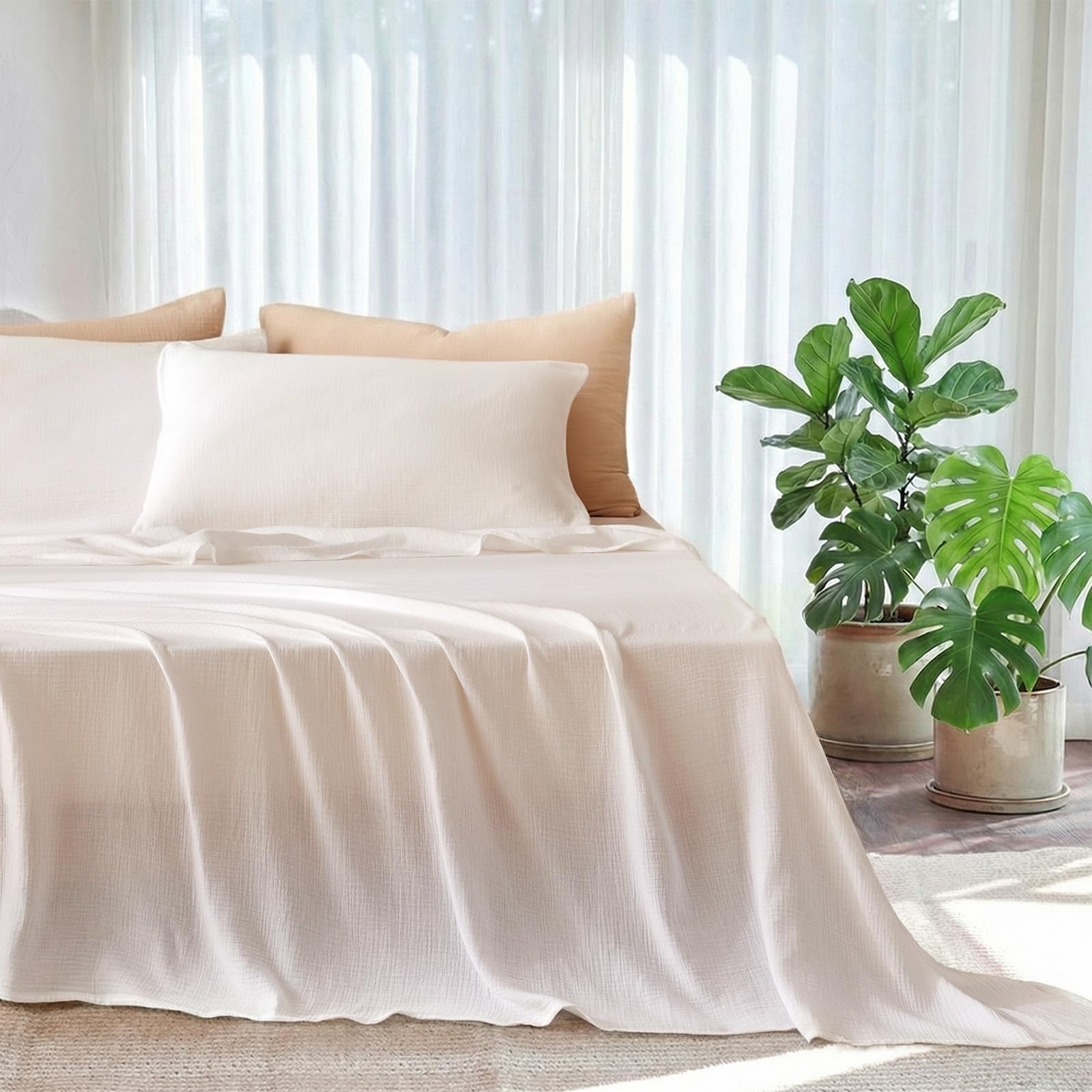 LUTBM King Sheet Set 100% Cotton Bed Sheets Gauze 4 Pcs Muslin Linen Sheets Set 16" Deep Pocket Sheet & Pillowcase Sets Breathable Boho King Soft Bedding Sets for All Season