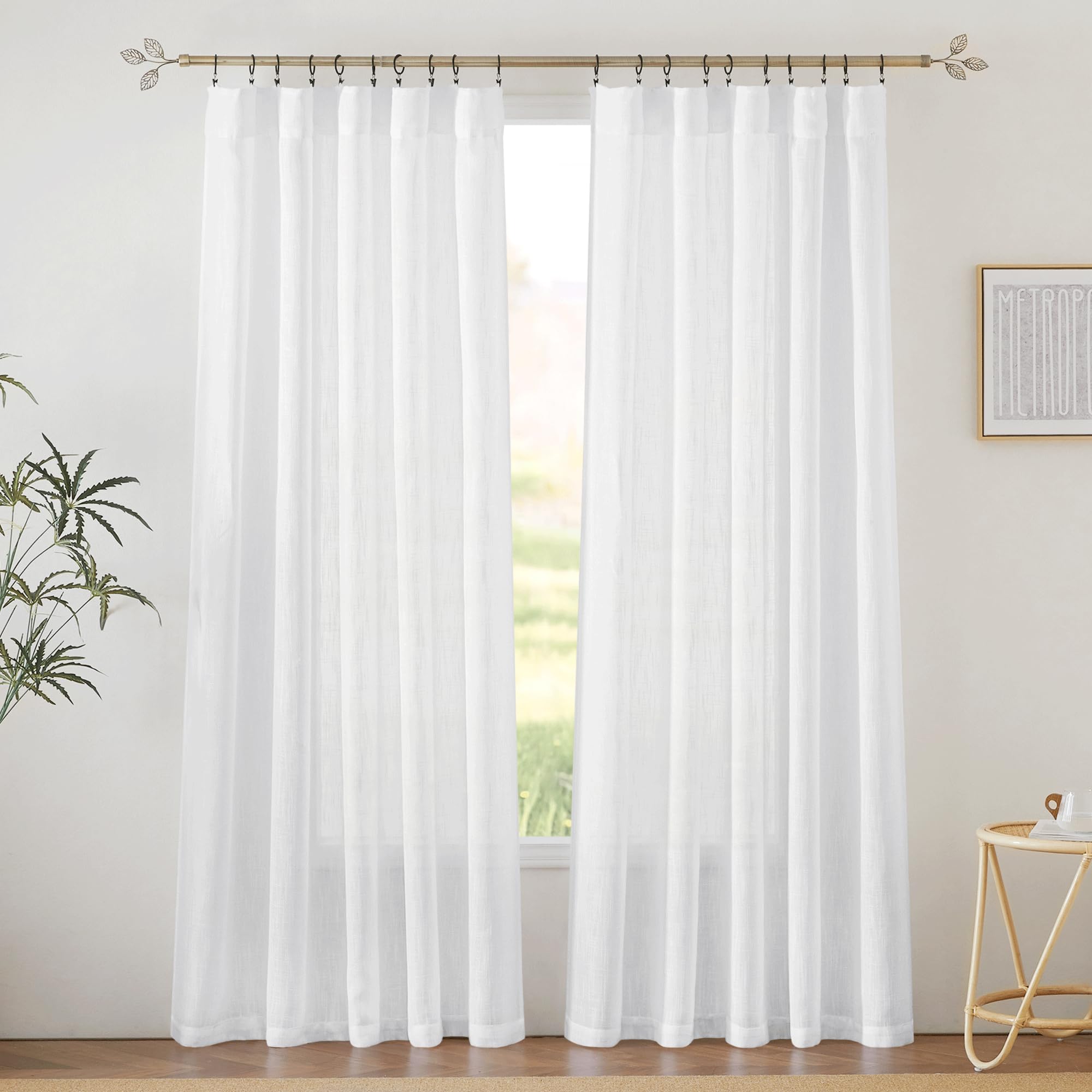 RYB HOME Linen Sheer Curtains and Drapes for Living Room 108 inches Length, Breathable Back Tab/Rod Pocket Semi Sheer Curtains, Oatmeal, W 52 x L 108 inches, 2 Panels Set
