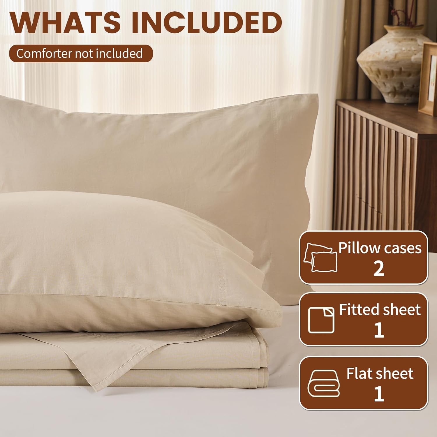 King 100% Linen 4-Piece Sheet Set, Breathable All-Season Bedding