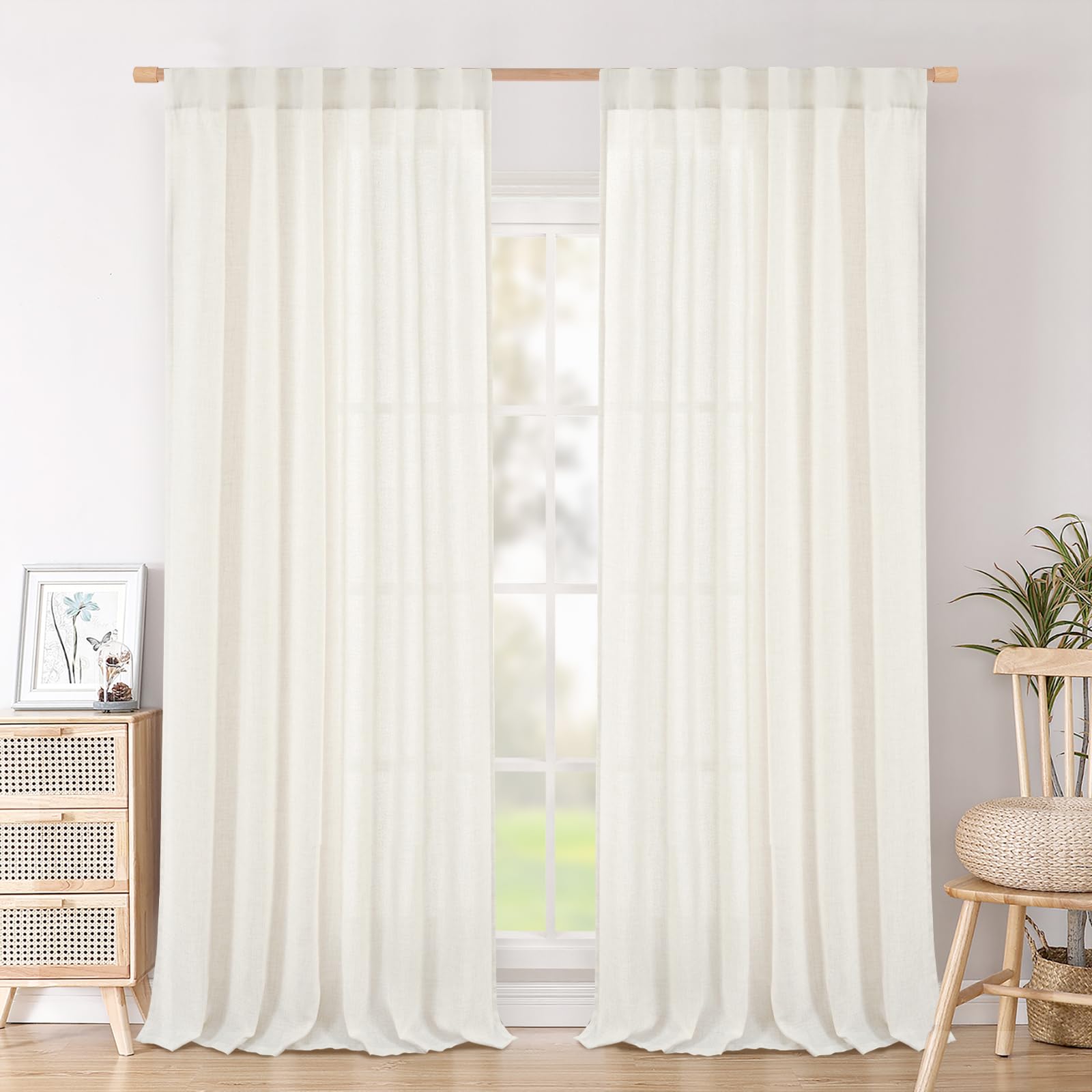 BGment Natural Linen Semi Sheer Curtains 96 Inch Length 2 Panels for Living Room, Beige Light Filtering Window Drapes with Rod Pocket Back Tab Extre Long for Dining Bedroom, 52 X 96 Inch