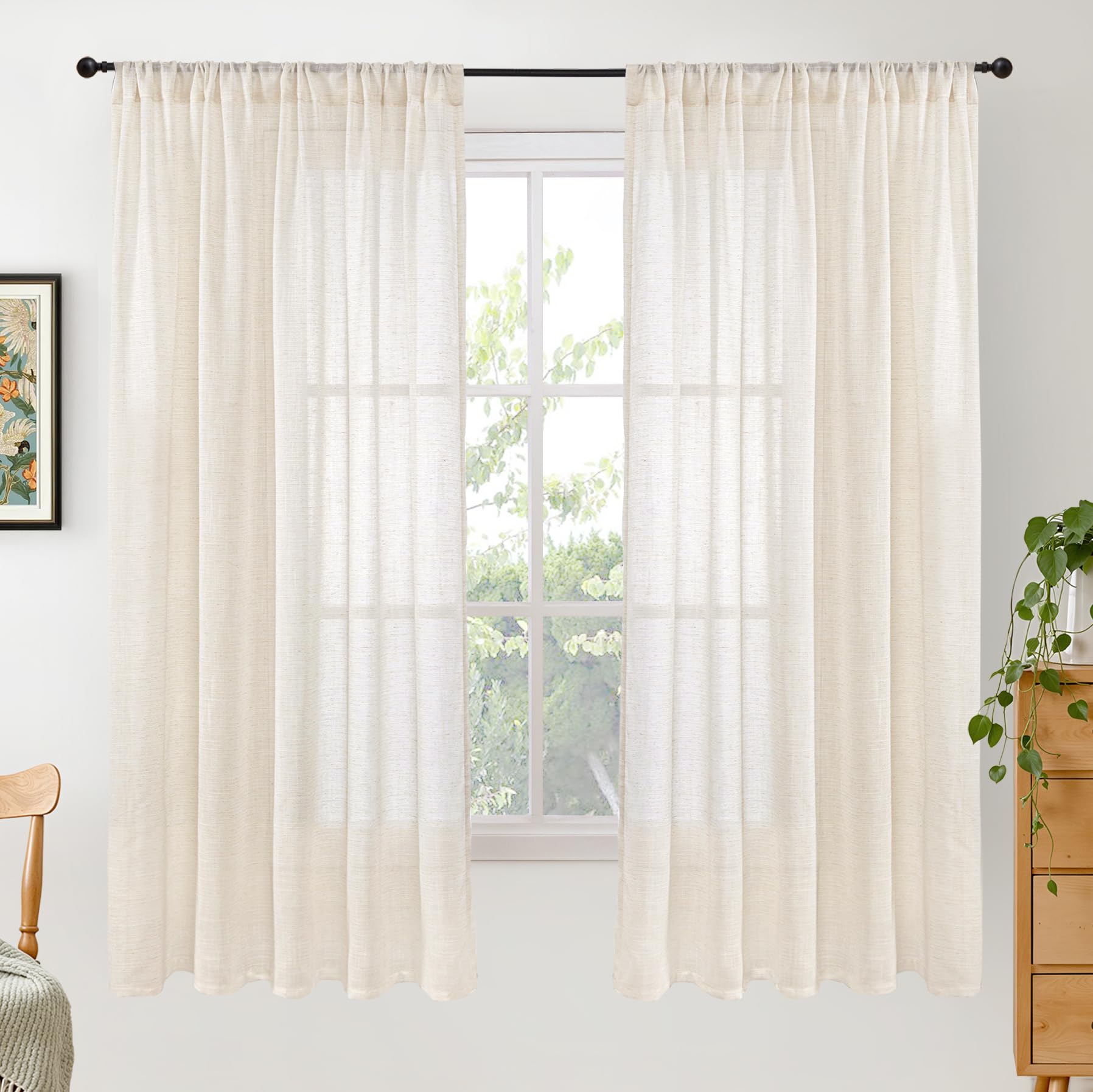 BGment 90 Inches Long Curtains Linen Semi Sheer, Light Filtering Window Treatments Drapes with Rod Pocket Lightweight for Living Room Bedroom, 2 Panels, 52 Inch Wide Each Panel