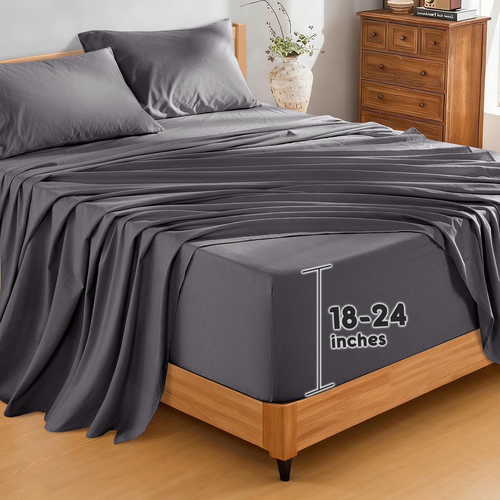 SONORO KATE 100% French Pure Linen Sheets, Breathable and Durable Linen King Size Sheets, Anti-Tear Linen Bed Sheets, Machine Washable, 16 Inch Deep Pocket - 4 Piece (Natural Linen, King)