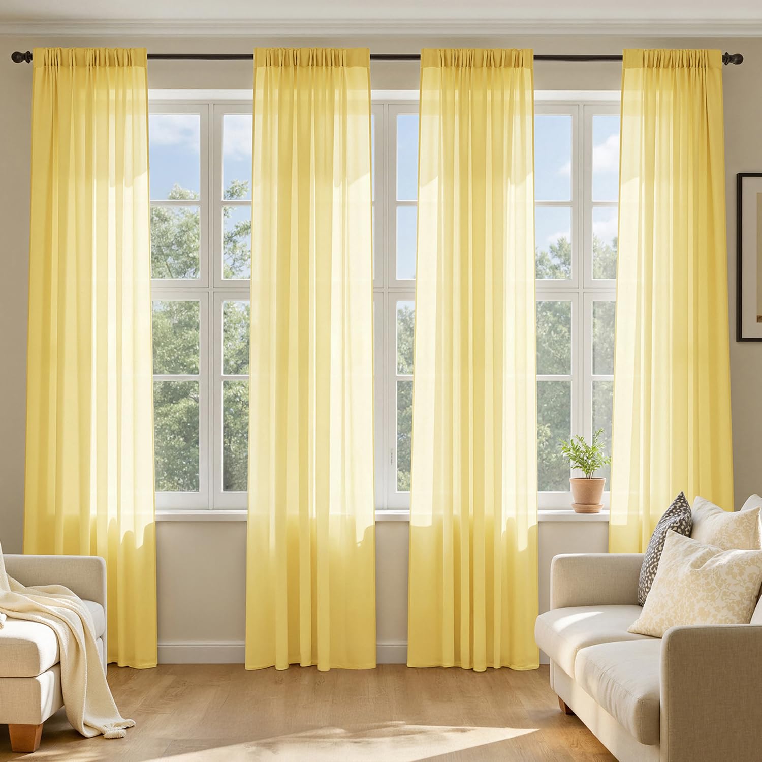 MIULEE Butter Cream Sheer Curtains 96 Inches Long, 4 Panels Set, Rod Pocket Voile Drapes Light Filtering and Semi Transparent, Elegant Window Treatments for Bedroom Living Room,42 x 96 Inches
