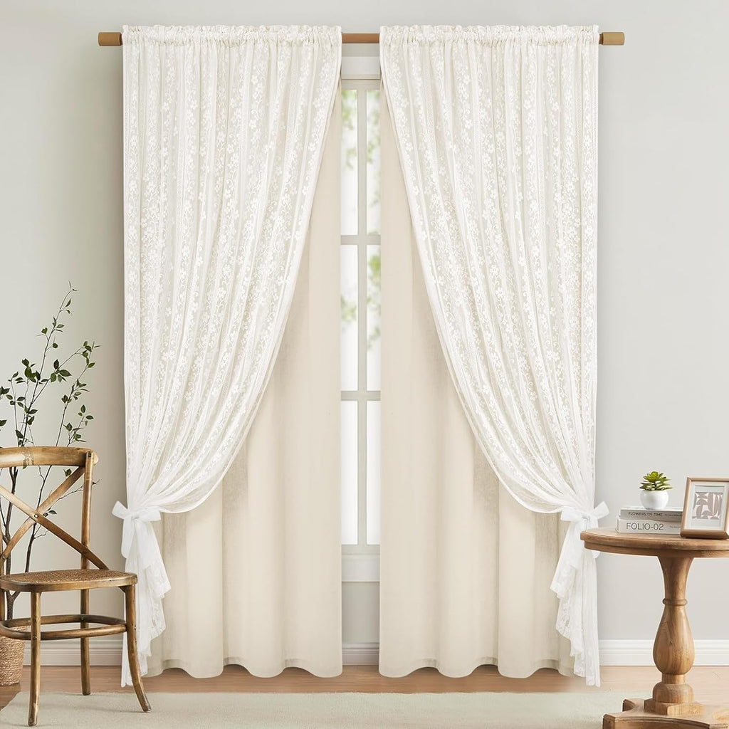 2-Panel 52×84" Beige Linen Curtains, Boho Farmhouse Window Drapes
