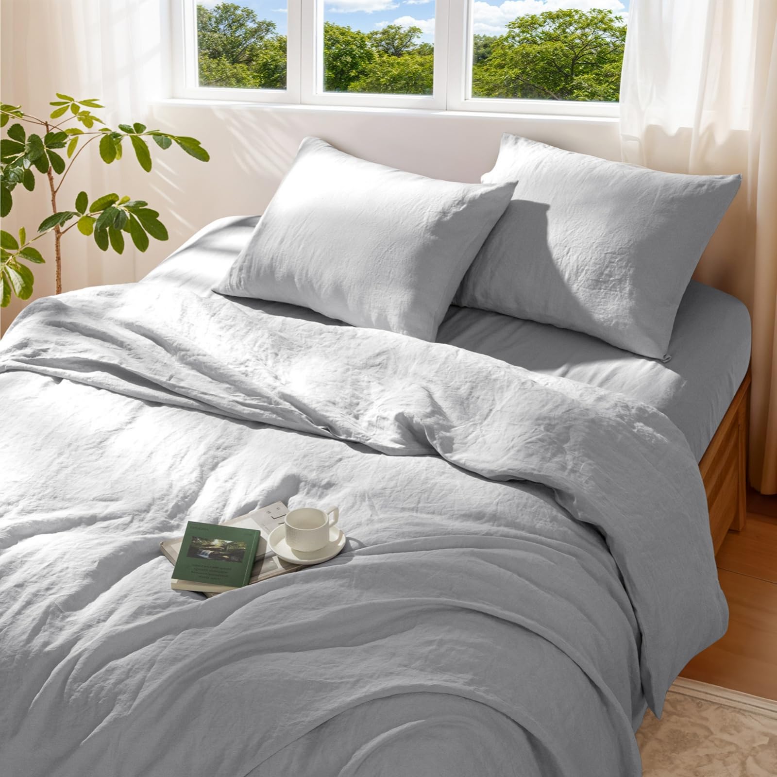 100% Pure Linen Duvet Cover Set Queen Size 3 Pcs Natural Linen Bedding Zipper Closure Breathable Soft Comforter Cover Sets, Cozy for All Season (Queen, Linen)