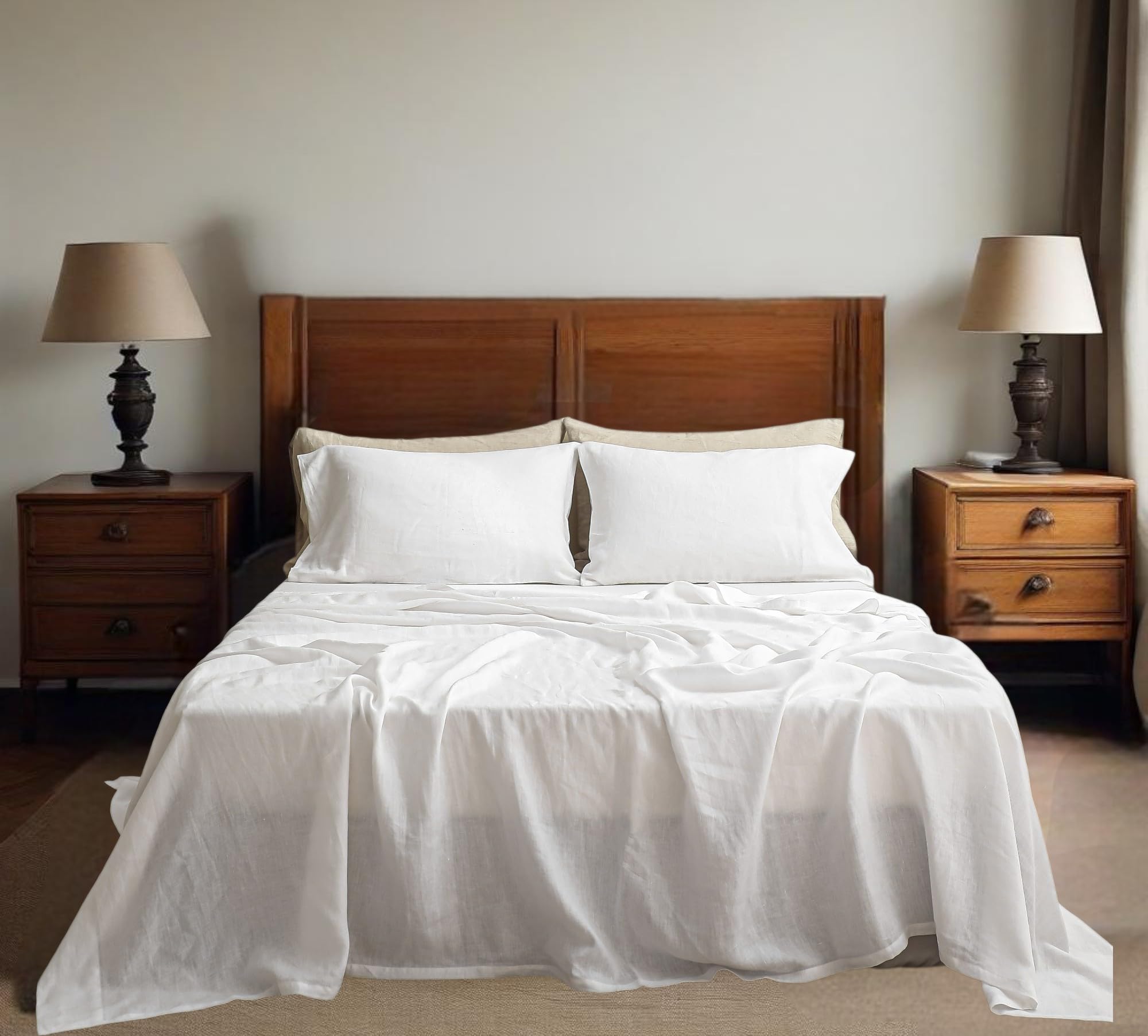 Simple&Opulence 100% Linen Sheets Queen Size Set, 4 Pcs Natural French Linen Bed Sheets, Breathable Soft Durable Bedding Set for All Season (Classic Blue, Queen)