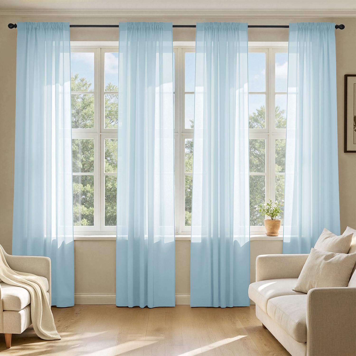 MIULEE Butter Cream Sheer Curtains 96 Inches Long, 4 Panels Set, Rod Pocket Voile Drapes Light Filtering and Semi Transparent, Elegant Window Treatments for Bedroom Living Room,42 x 96 Inches