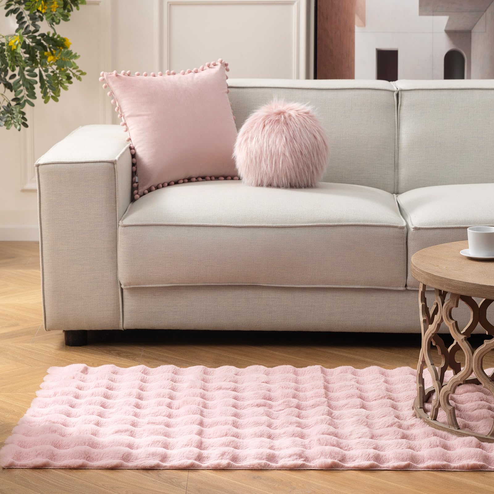 Ashler Faux Rabbit Fur Rug, Light Grey 3x5 FT Fluffy Soft Area Rugs, Rectangle Fuzzy Carpet for Living Room, Bedroom, Machine Washable Rug - 3D Bubble Mat
