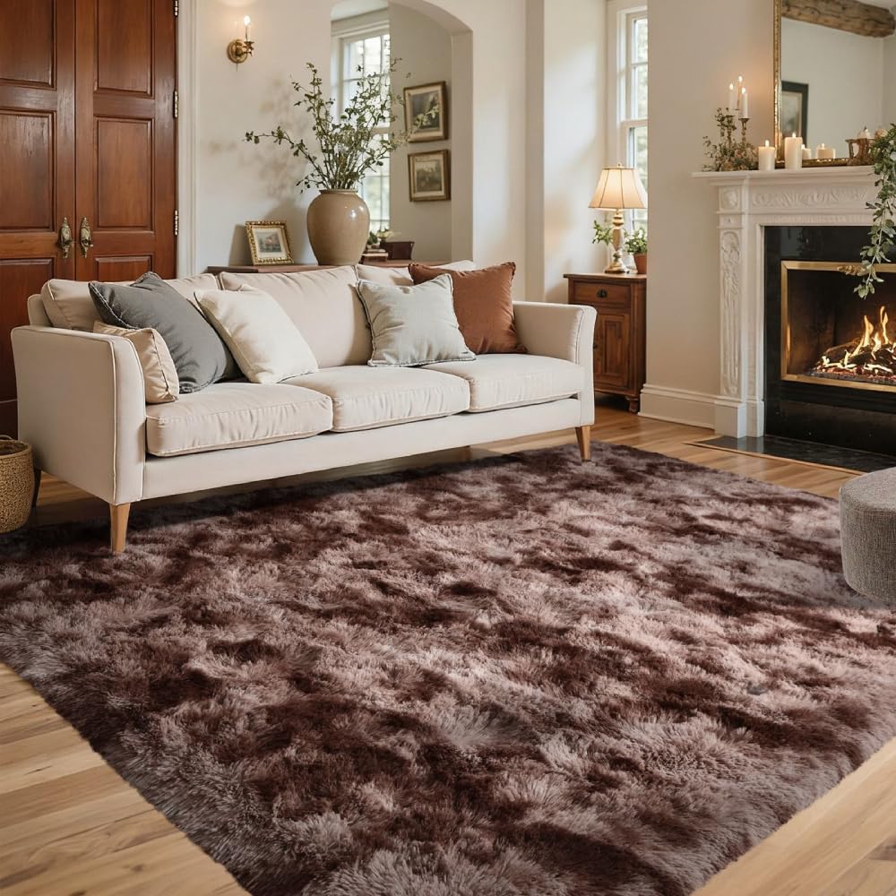 5×7ft Grey Fluffy Tie-Dyed Rug, Soft Shag Carpet for Home Decor