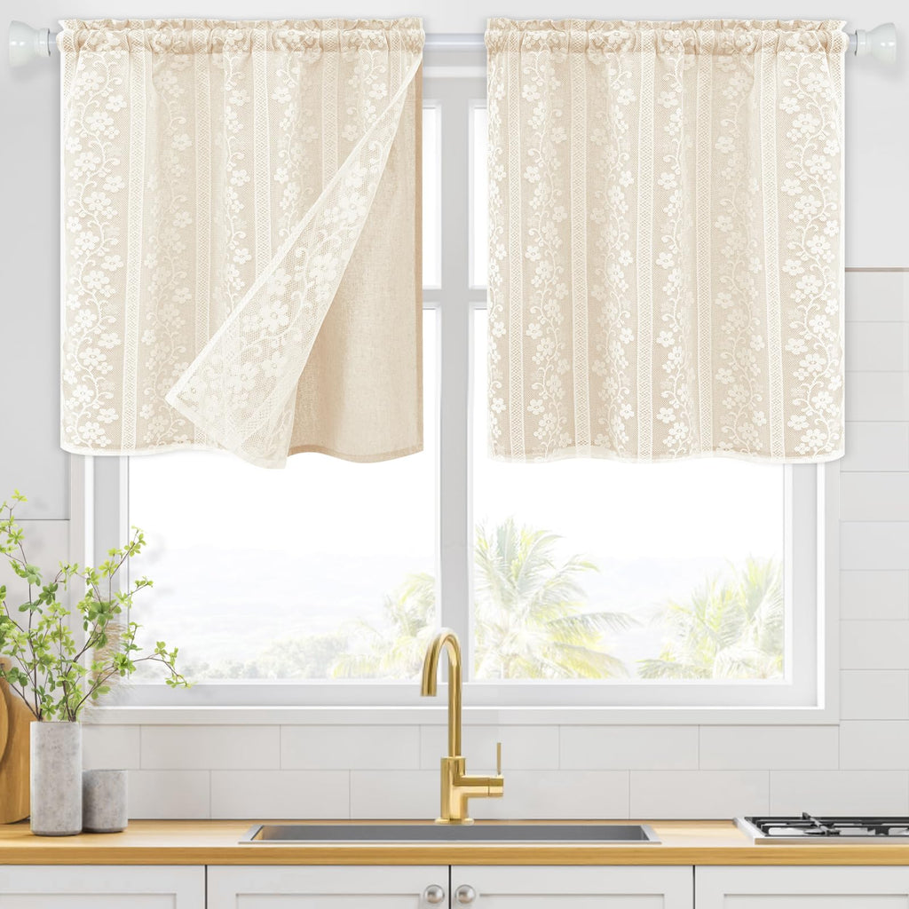 2-Panel 52×84" Beige Linen Curtains, Boho Farmhouse Window Drapes