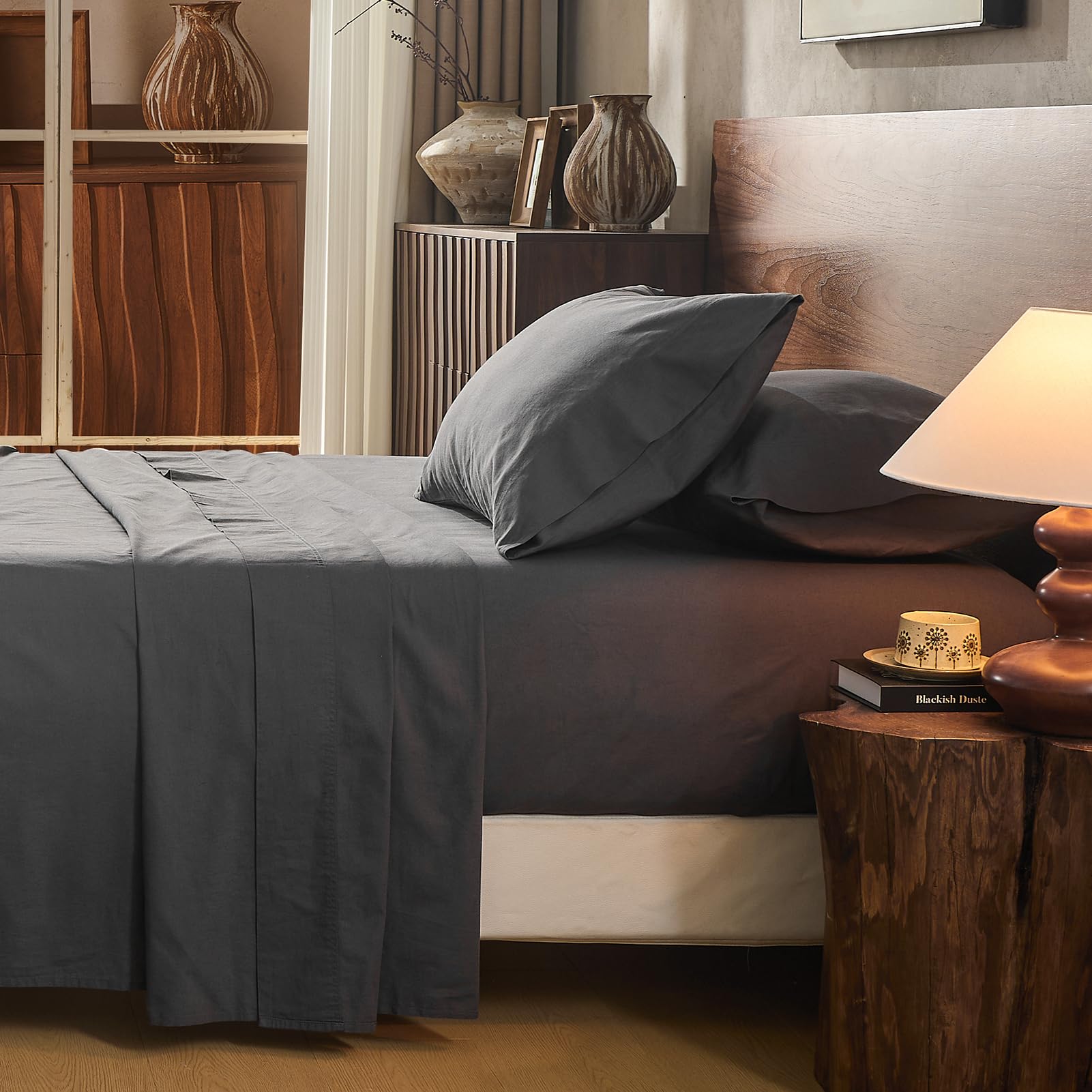 100% Linen Sheets Queen Size,Breathable & Durable 4-Piece Bed Flax Sheet Set,Soft All-Season Bedding for Hot Sleepers 16" Deep Pocket Oeko-TEX Certified,（Queen, Dark Grey）