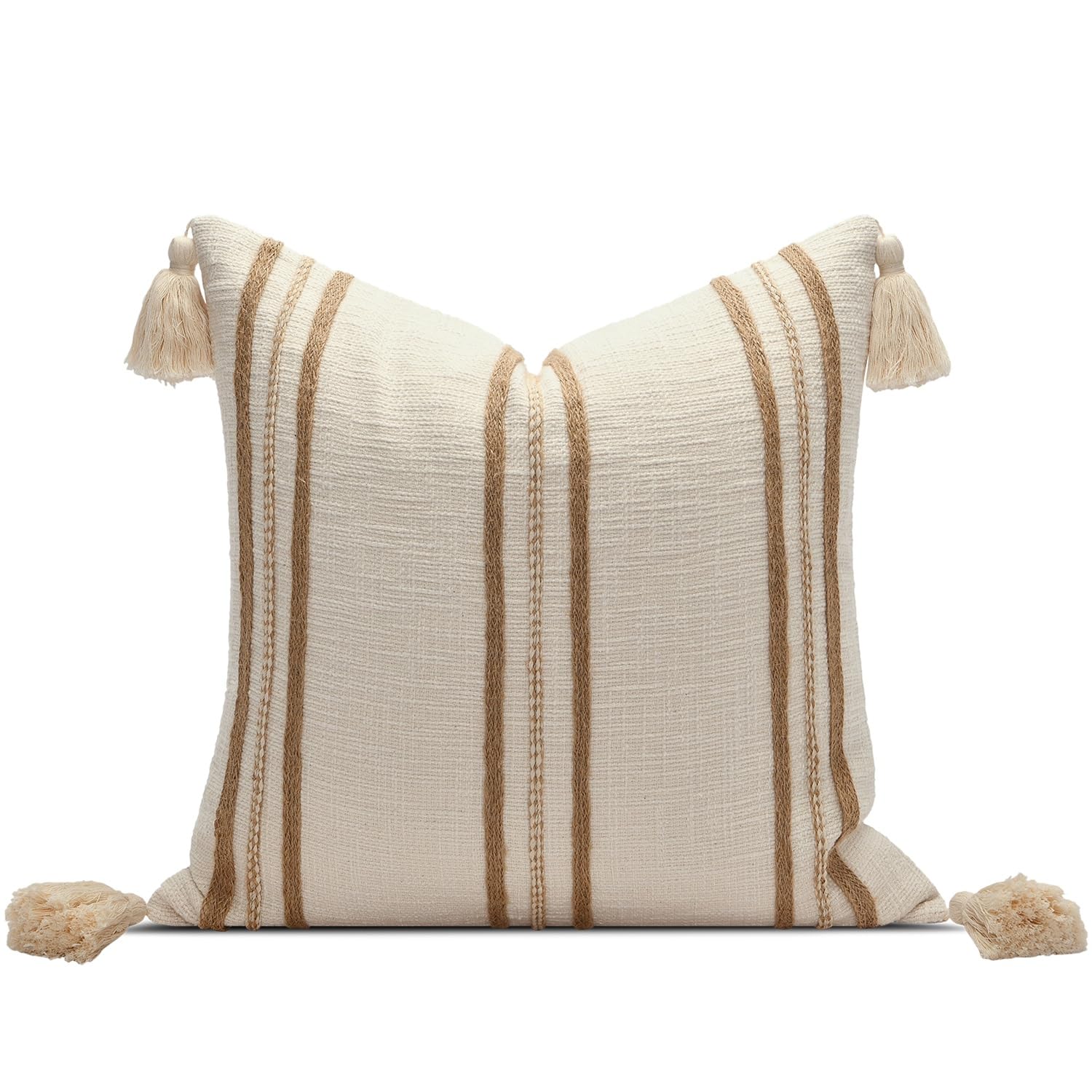 Dark Brown Tassel Decorative Throw Pillow Cover 20x20 Square Woven Textured Farmhouse Pillows Cushion Cases for Couch Bed Sofa Living Room Decor (Pack of 1)