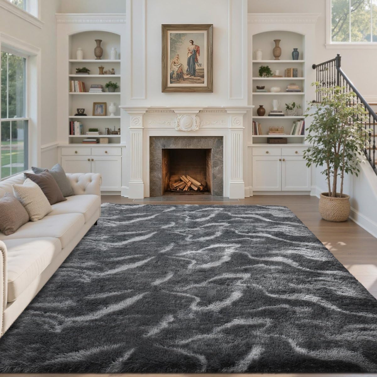 5×7ft Grey Fluffy Tie-Dyed Rug, Soft Shag Carpet for Home Decor