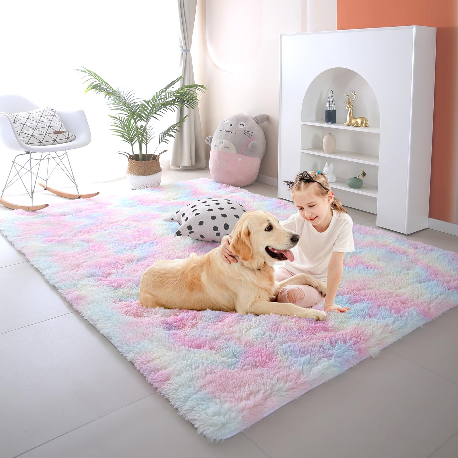 CAIYUECS Shag Area Rug,Indoor Ultra Soft Fluffy Plush Rugs for Bedroom Living Room, Non-Skid Modern Nursery Faux Fur Rugs for Kids Room Home Decor (Tie-Dyed Light Gray, 5x7 Feet)
