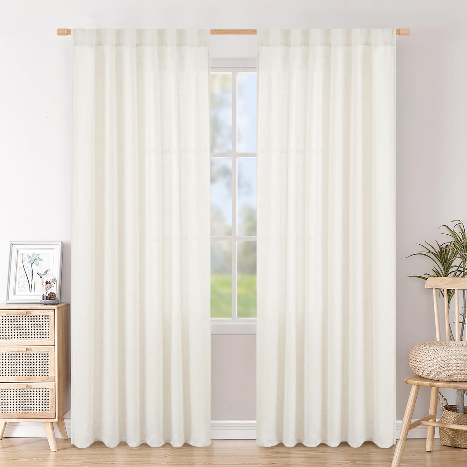 BGment Natural Linen Semi Sheer Curtains 96 Inch Length 2 Panels for Living Room, Beige Light Filtering Window Drapes with Rod Pocket Back Tab Extre Long for Dining Bedroom, 52 X 96 Inch