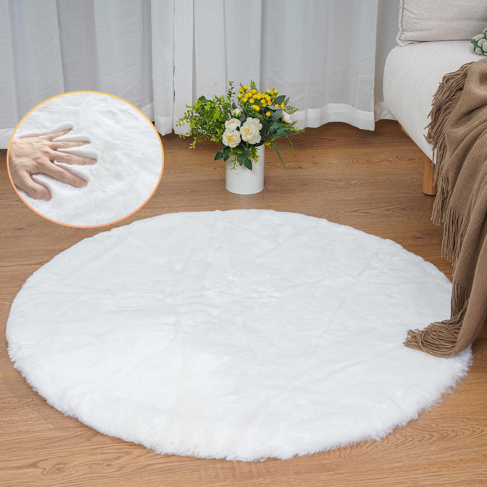 ORINOVA White Faux Rabbit Fluffy Fur Rugs for Bedroom Machine Washable Furry Area Rugs for Living Room Smal 2x4 Shag Runner Rug Nursery Rug