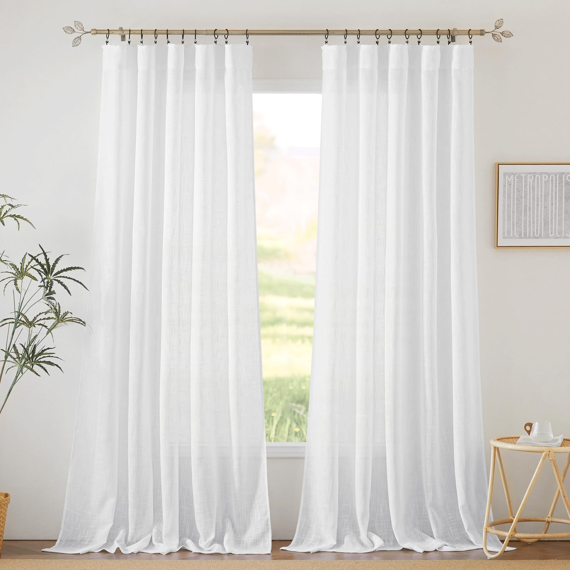 RYB HOME Linen Sheer Curtains and Drapes for Living Room 108 inches Length, Breathable Back Tab/Rod Pocket Semi Sheer Curtains, Oatmeal, W 52 x L 108 inches, 2 Panels Set