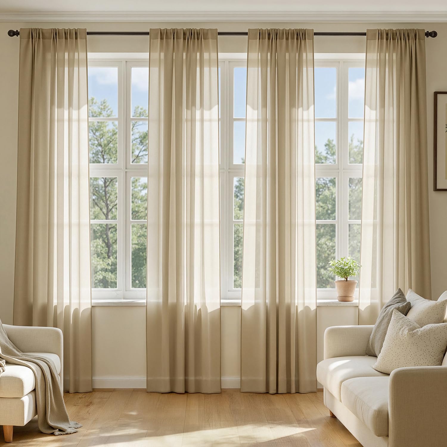 MIULEE Butter Cream Sheer Curtains 96 Inches Long, 4 Panels Set, Rod Pocket Voile Drapes Light Filtering and Semi Transparent, Elegant Window Treatments for Bedroom Living Room,42 x 96 Inches