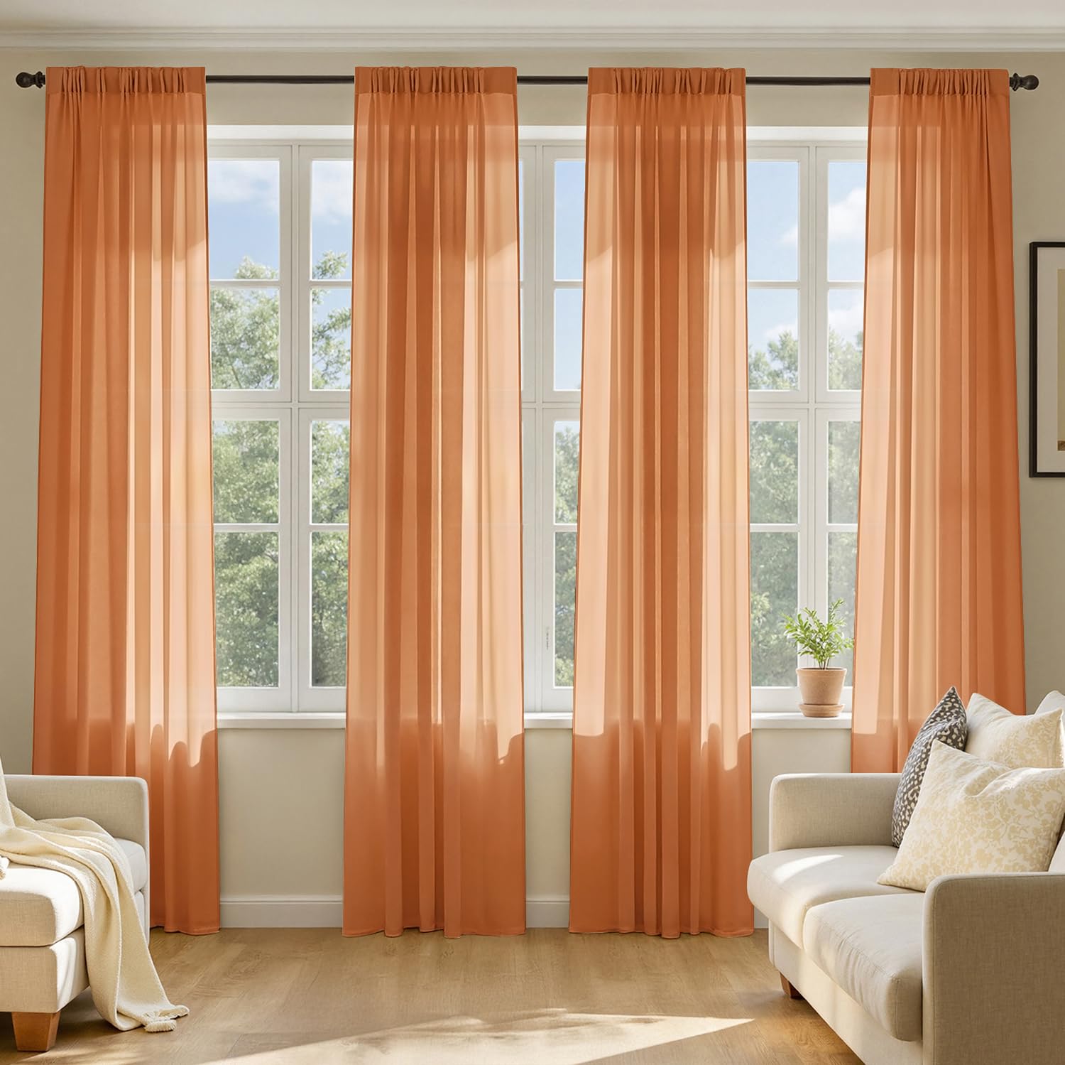MIULEE Butter Cream Sheer Curtains 96 Inches Long, 4 Panels Set, Rod Pocket Voile Drapes Light Filtering and Semi Transparent, Elegant Window Treatments for Bedroom Living Room,42 x 96 Inches
