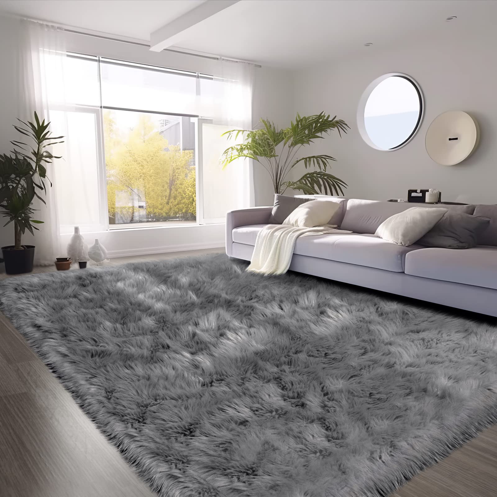 SERISSA Soft Fluffy Area Rug, Grey Faux Sheepskin Fur Rug, Shaggy Rug for Bedroom Floor Fuzzy Carpet for Living Room 4x6 Feet