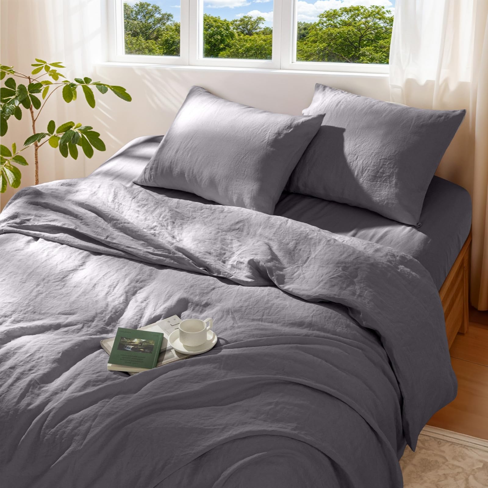 100% Pure Linen Duvet Cover Set Queen Size 3 Pcs Natural Linen Bedding Zipper Closure Breathable Soft Comforter Cover Sets, Cozy for All Season (Queen, Linen)